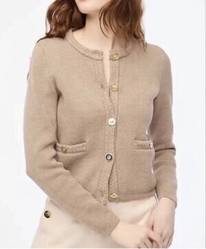 J. Crew Cotton Lady Jacket Cardigan Sweater Preppy Braided Trim Preppy Brown Tan